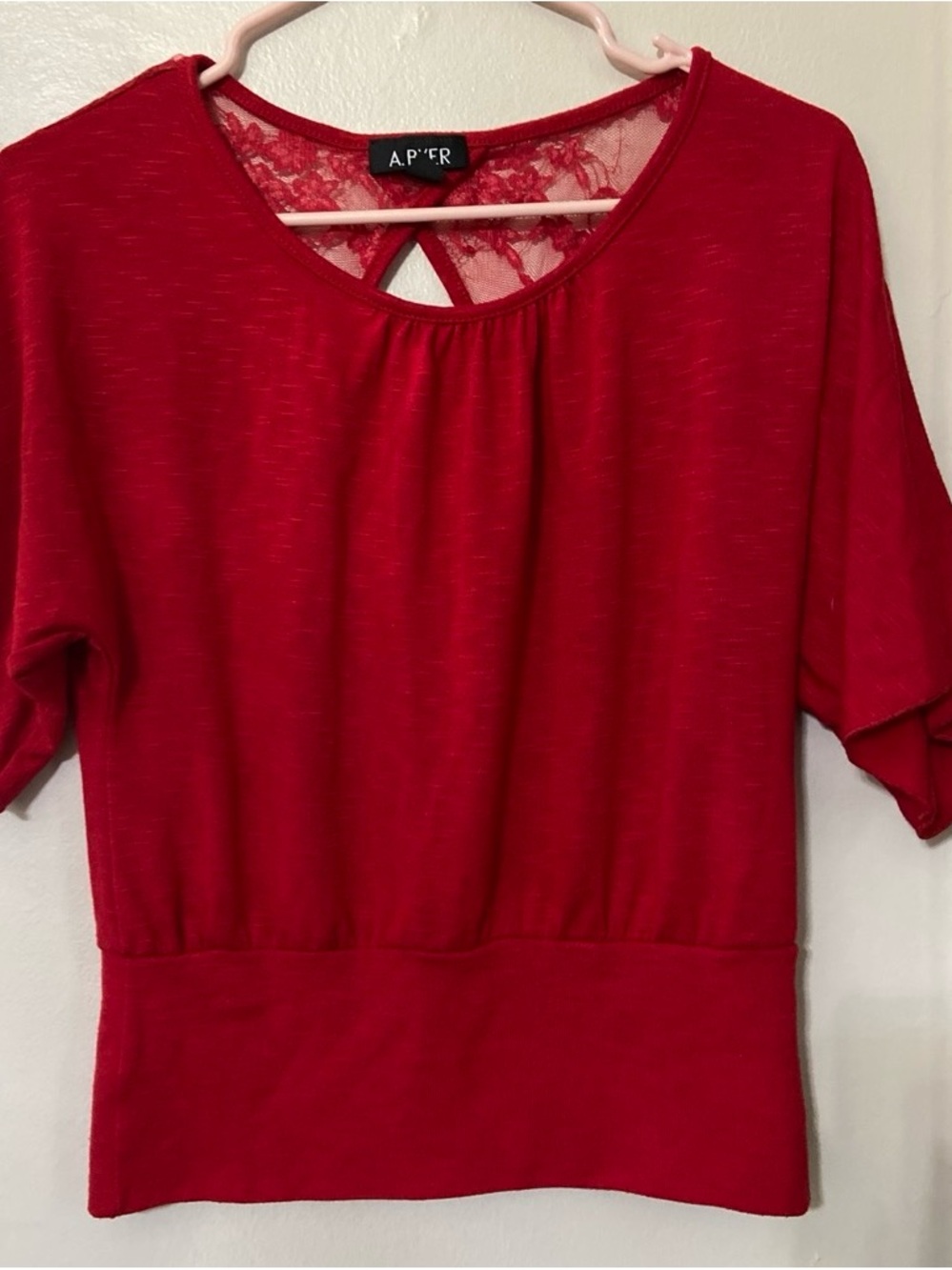 A.byer Red Short Sleeve Lace-Back Scoop Neck Top